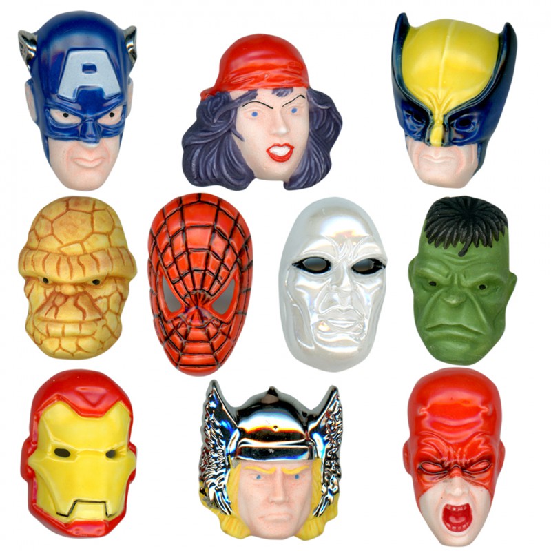 Masques Marvel - Série complète de 10 fèves platine, Brillantes - Année 2011